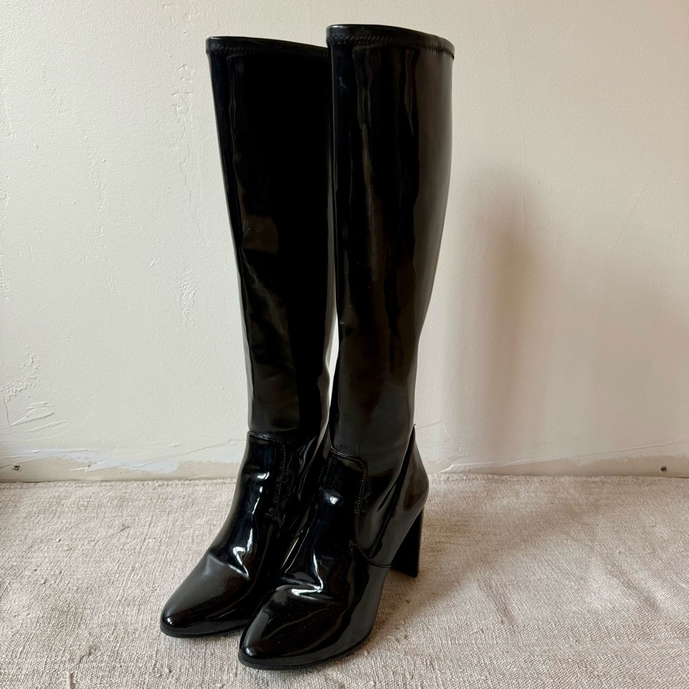 NINE WEST Shiny Black Vinyl Heeled Boots